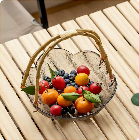 爆款家用客廳玻璃水果盤(青灰《手提》花瓣玻璃果盤)