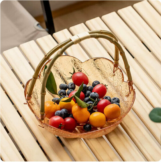 爆款家用客廳玻璃水果盤(琥珀《手提》花瓣玻璃果盤)