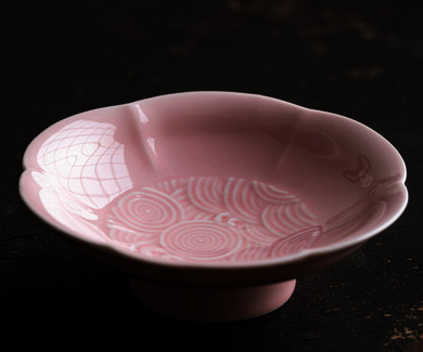 新款古典陶瓷海浪六瓣點心盤(胭脂粉)(尺寸:直徑13CM高4CM)