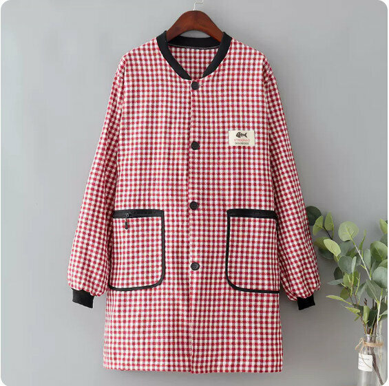 New pure cotton long-sleeved apron [A6 stand-up collar zipper pocket buttoned in maroon (100-180 pounds)] [Specification: 127*83CM]