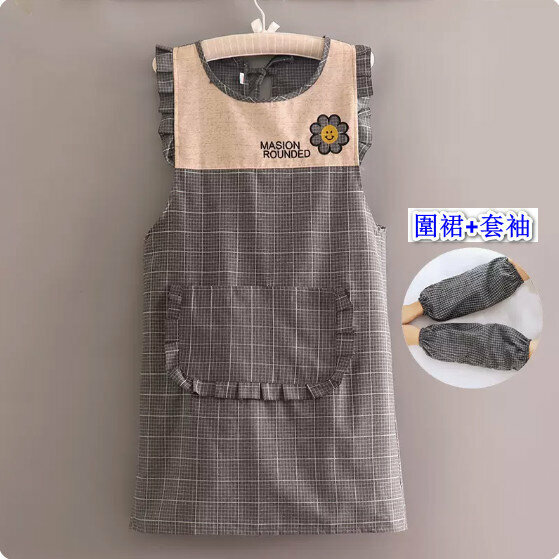 New fashion apron [150 pure cotton stitching smiley face vest gray plaid + sleeves] [Specification: 90*88CM]