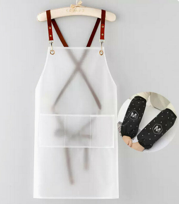 Hot recommended no-wash lazy apron - TPU cross three-pocket transparent white + M black sleeves