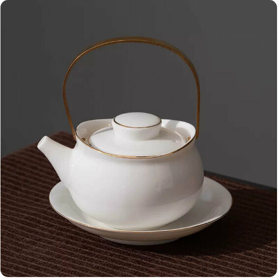 Hotly recommended household Chinese-style ceramic teapot [mutton-fat jade "Golden Yuanbao" beam teapot]