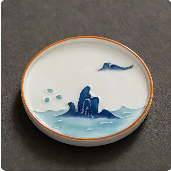 熱推羊脂玉白瓷手繪杯墊【遠山】