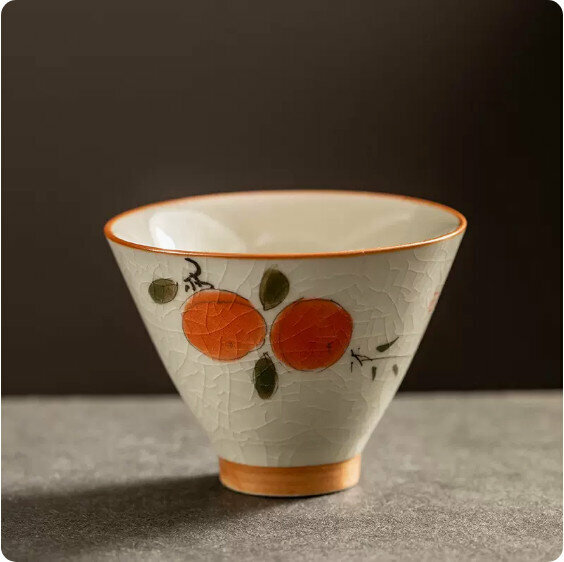 Hotly recommended home-use Ge Kiln hand-painted tea cups [Persimmon]