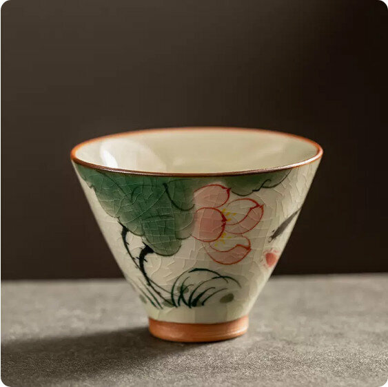 Hotly recommended home-use Ge Kiln hand-painted tea cup [Lotus Fish]