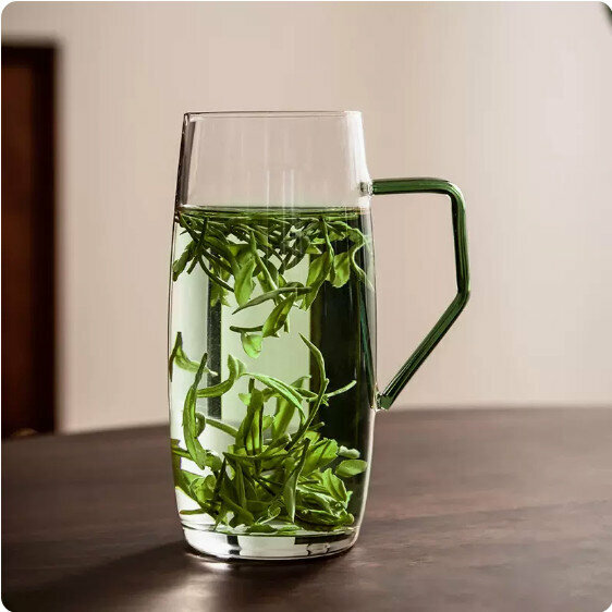 熱推辦公室簡約玻璃茶杯【草綠玻璃把-380ml】