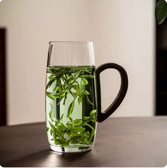 熱推辦公室簡約玻璃茶杯【胡桃木把-380ml】
