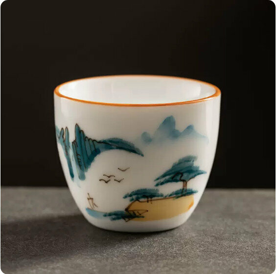 Hotly recommended mutton-fat jade hand-painted ceramic tea cup [Mountain Stream]