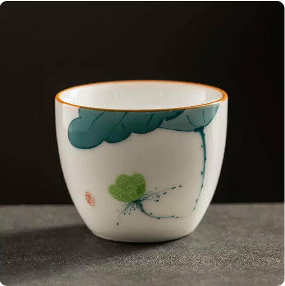 Hotly recommended mutton-fat jade hand-painted ceramic tea cup [lotus]