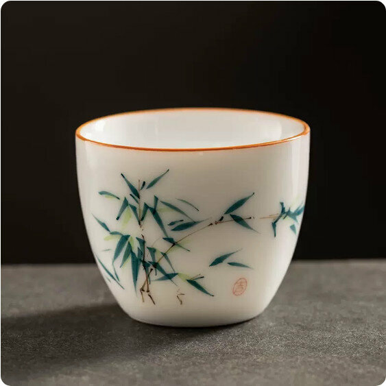 Hotly recommended mutton-fat jade hand-painted ceramic tea cup [Cherish Bamboo]