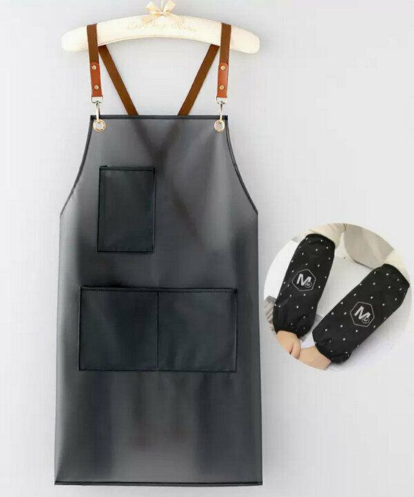 Hotly recommended no-wash lazy apron - TPU cross pockets in black + M black sleeves