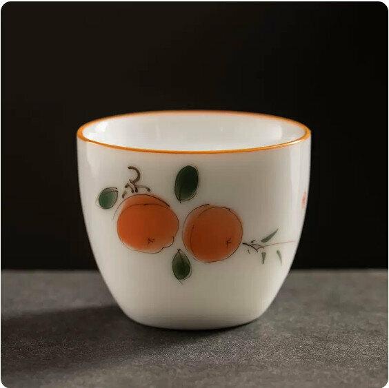 Hotly recommended mutton-fat jade hand-painted ceramic tea cup [Persimmon]
