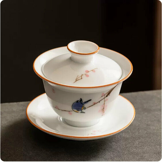 Hotly recommended mutton-fat jade white porcelain hand-painted three-cai bowl [browed with joy]