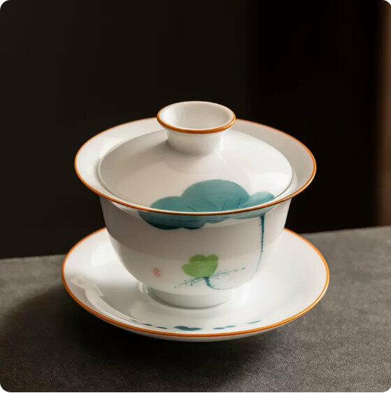 Hotly recommended mutton-fat jade white porcelain hand-painted three-cai bowl [lotus]
