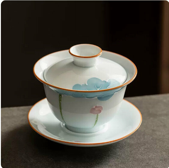 Hotly recommended mutton-fat jade white porcelain hand-painted three-cai bowl [Qinghe]