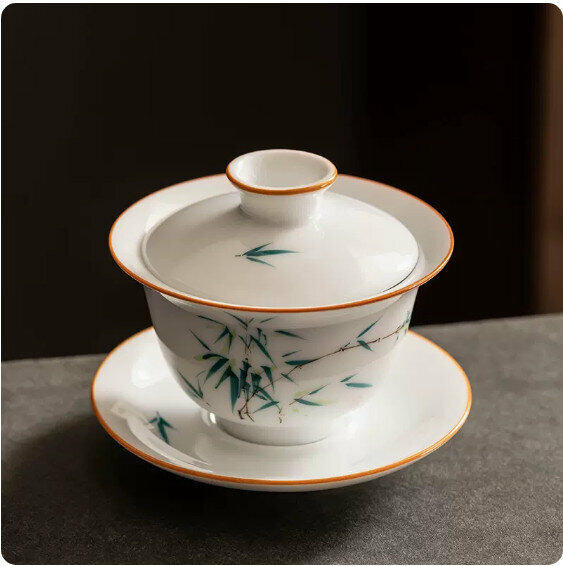 Hotly recommended mutton-fat jade white porcelain hand-painted three-cai bowl [Cherish Bamboo]