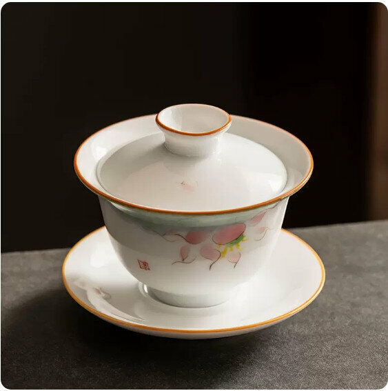 Hotly recommended mutton-fat jade white porcelain hand-painted three-capacity bowl [Lotus]