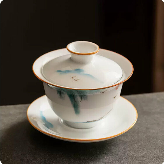 Hotly recommended mutton-fat jade white porcelain hand-painted three-cai bowl [fishing]