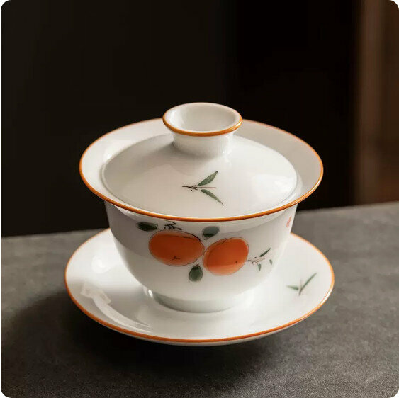Hotly recommended mutton-fat jade white porcelain hand-painted Sancai bowl [Persimmon]