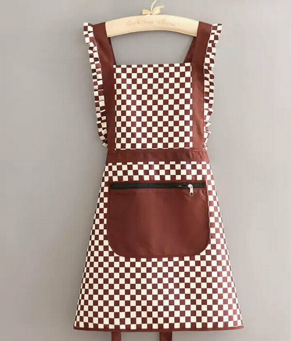Hotly recommended fashionable one-size-fits-all apron-checkerboard patchwork waterproof princess skirt coffee color