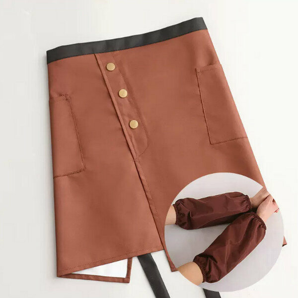 Hot Recommended Simple Half Apron - Waterproof Half Button Slit/Coffee + Sleeves - One Size