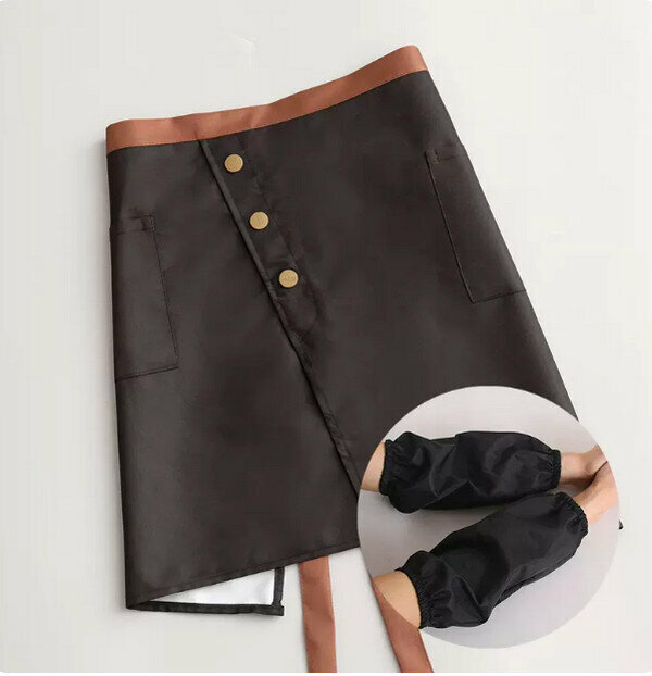 Hot Recommended Simple Half Apron - Waterproof Half Button Slit/Black + Sleeves - One Size