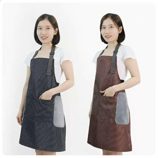 New (2-pack) waterproof and oil-proof apron for kitchen, dining and cooking [upgraded hand wiping style - black + brown]