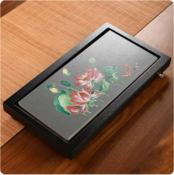 New model of dual-use imitation black gold magnet dry tea tray for storage and drainage [small rectangular (fish playing in lotus pond)]