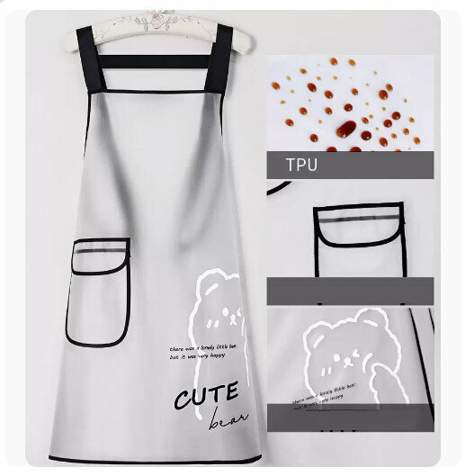 New waterproof and oil-proof apron kitchen dining and cooking apron [strap tpu-transparent [white bear style]