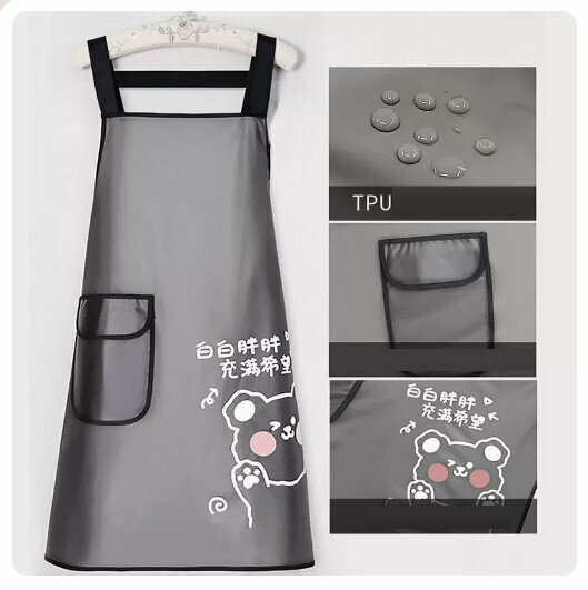 New waterproof and oil-proof apron kitchen dining and cooking apron [strap tpu-black [white bear style]