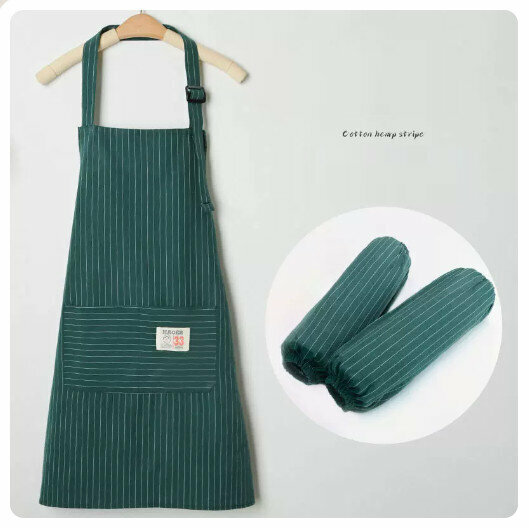 New (2-pack) cotton apron kitchen dining and cooking apron [green + same style sleeves]