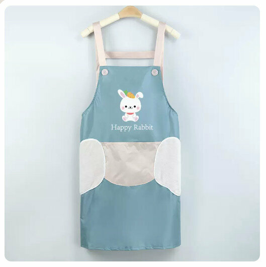 New kitchen waterproof and oil-proof apron [hand-wipeable - little rabbit - blue (H shoulder strap style)]