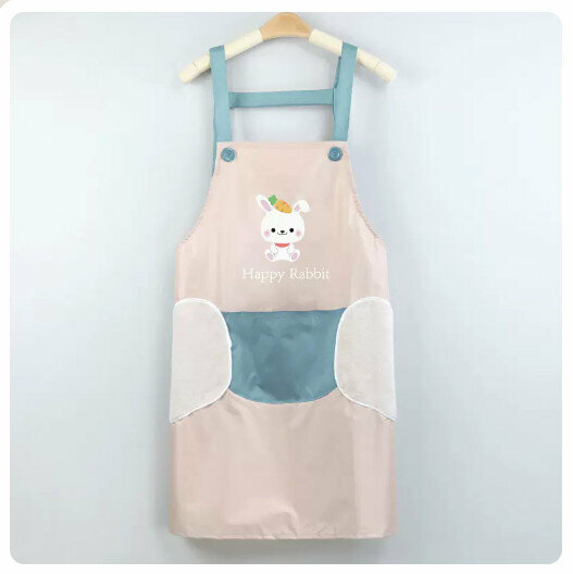 New kitchen waterproof and oil-proof apron [hand-wiping-little rabbit-khaki powder (H shoulder strap style)]