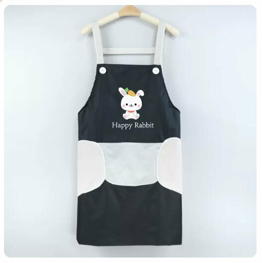 New kitchen waterproof and oil-proof apron [hand-wiping-little rabbit-black (H shoulder strap style)]
