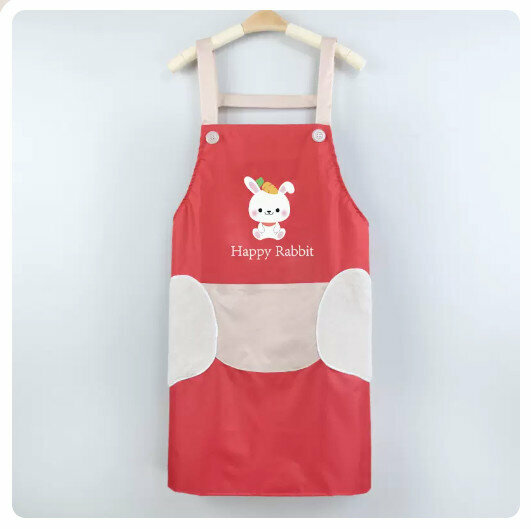 New kitchen waterproof and oil-proof apron [hand-wipeable-little rabbit-red (H shoulder strap style)]