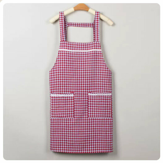 New kitchen waterproof and oil-proof apron [H strap checkered style - rose red]