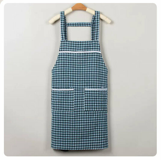 New kitchen waterproof and oil-proof apron [H strap checkered style-green blue]