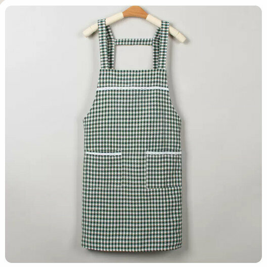 New kitchen waterproof and oil-proof apron [H strap checkered style-green]