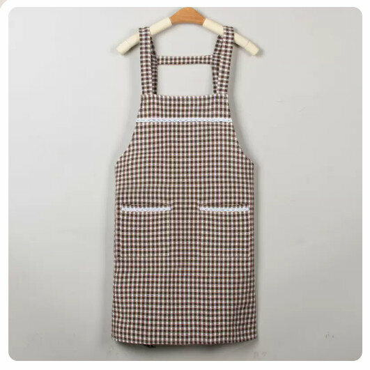 New kitchen waterproof and oil-proof apron [H strap checkered style - brown]