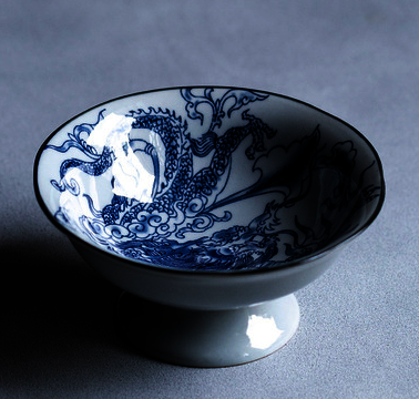 新款復古菱形高腳青花瓷茶點果盤(龍)(尺寸:直徑12.3CM*高5.7CM)