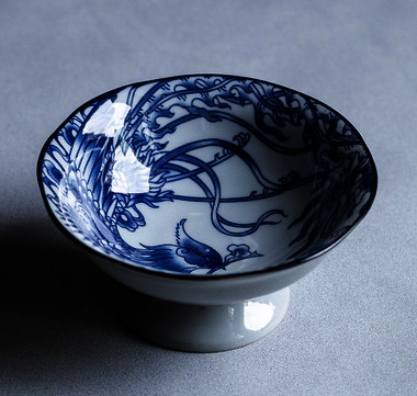 新款復古菱形高腳青花瓷茶點果盤(鳳)(尺寸:直徑12.3CM*高5.7CM)