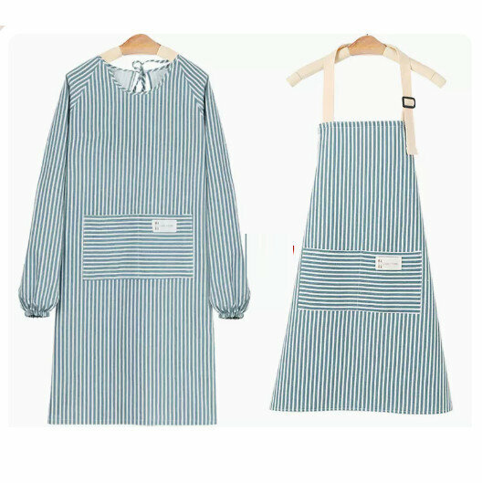 Hot recommended long-sleeved apron [cotton and linen breathable/long-sleeved + sleeveless-cyan blue]