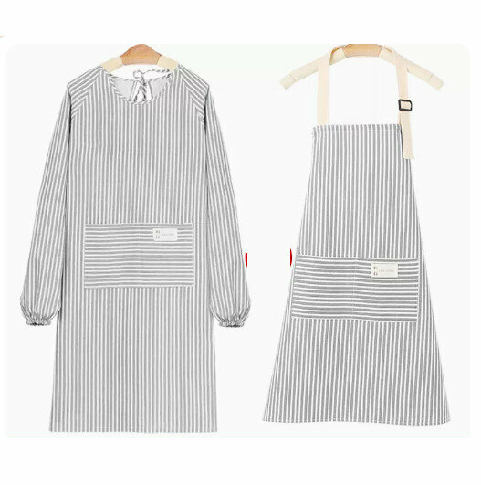 Hot recommended long-sleeved apron [cotton and linen breathable/long-sleeved + sleeveless-light gray]