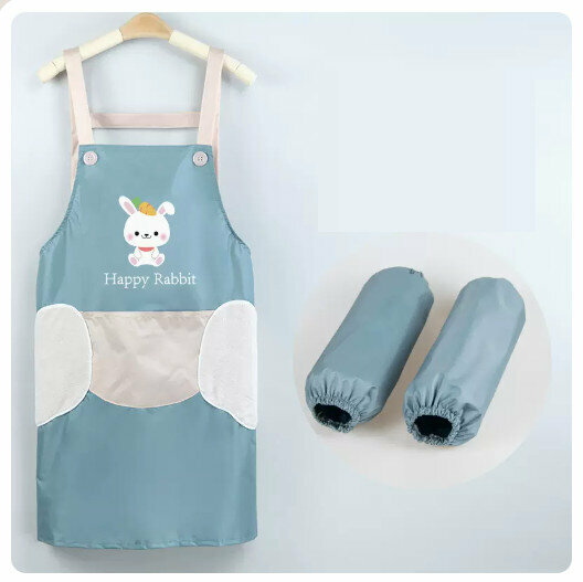 Hotly recommended waterproof and oil-proof apron for kitchen and catering [hand-wipeable] strap bunny - blue + same style sleeves]