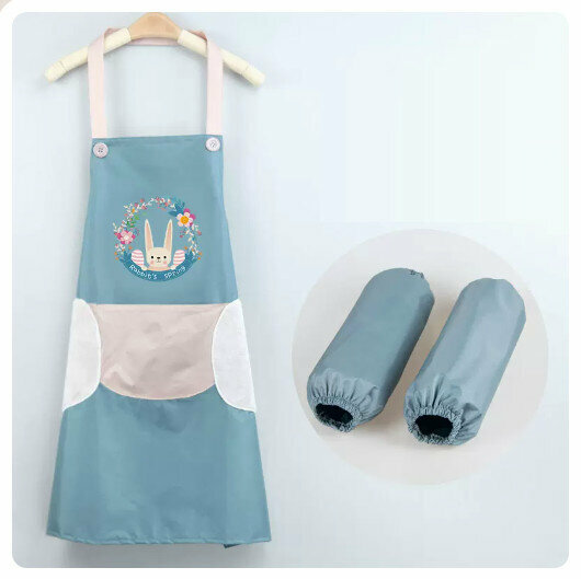 Hotly recommended waterproof and oil-proof apron for kitchen and catering [can wipe hands] Garland Rabbit - Painted Blue + Same Style Sleeves]