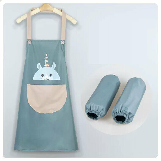 Hotly recommended waterproof and oil-proof apron for kitchen and catering [Little Bear-Danqing Blue + Same Style Sleeves]