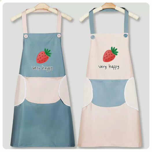 Hotly recommended waterproof and oil-proof apron for kitchen and catering [hand-wipeable] strawberry-painted blue + khaki powder]