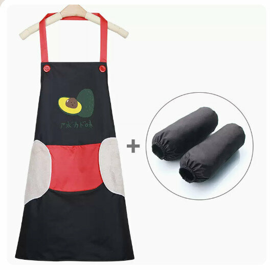 Hotly recommended waterproof and oil-proof apron for kitchen and catering [can wipe hands] avocado-black (red mouth) + same style sleeves]