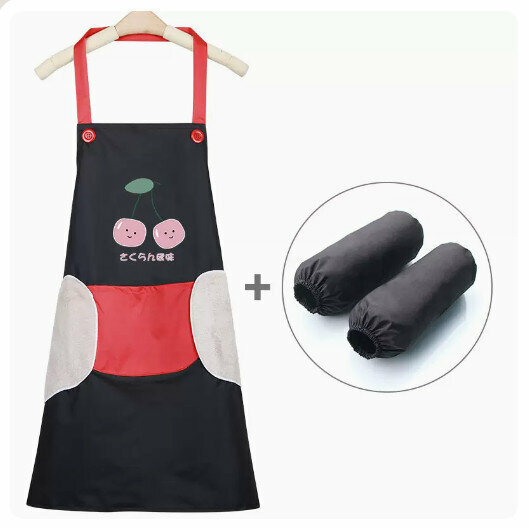 Hotly recommended waterproof and oil-proof apron for kitchen and catering [can wipe hands] cherry style - black (red mouth) + same style sleeves]